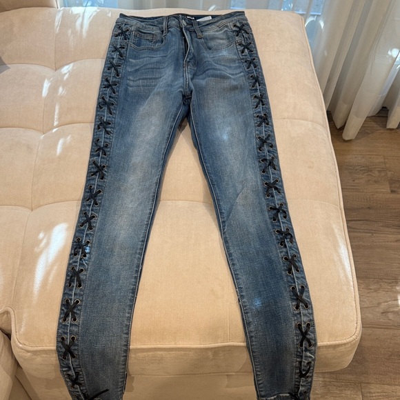 Fashion Nova Blue Jeans with Black Lace Accents - Picture 1 of 4